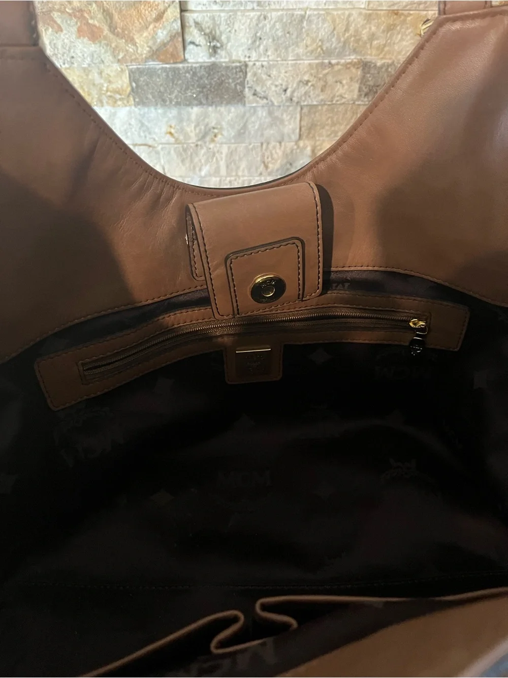 MCM Brown Cognac Monogram Leather Hobo Bag